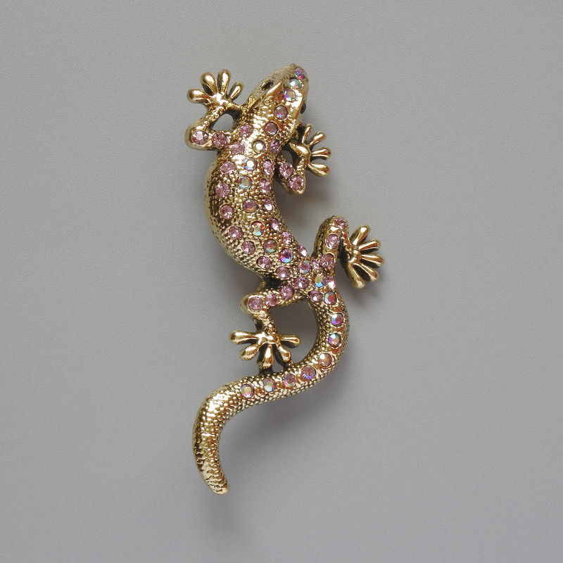 Brosche Eidechse mit rosafarbenen Strasssteinen, Chamäleon-Effekt, goldfarbenes Metall, 29×63 mm