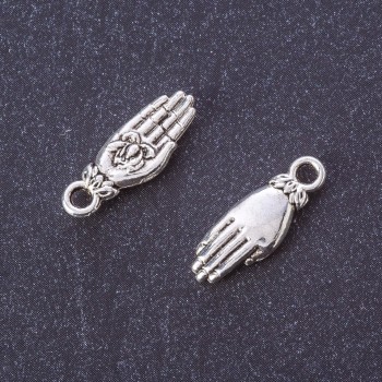 Anhänger Handfläche mit Rose, Metallfarbe Silber, Größe 18×6 mm, Verpackung 20 g, ca. 24 Stück