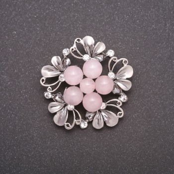 Brosche mit Rosenquarz, Boutonnière, Metallfarbe Grau, 40 mm